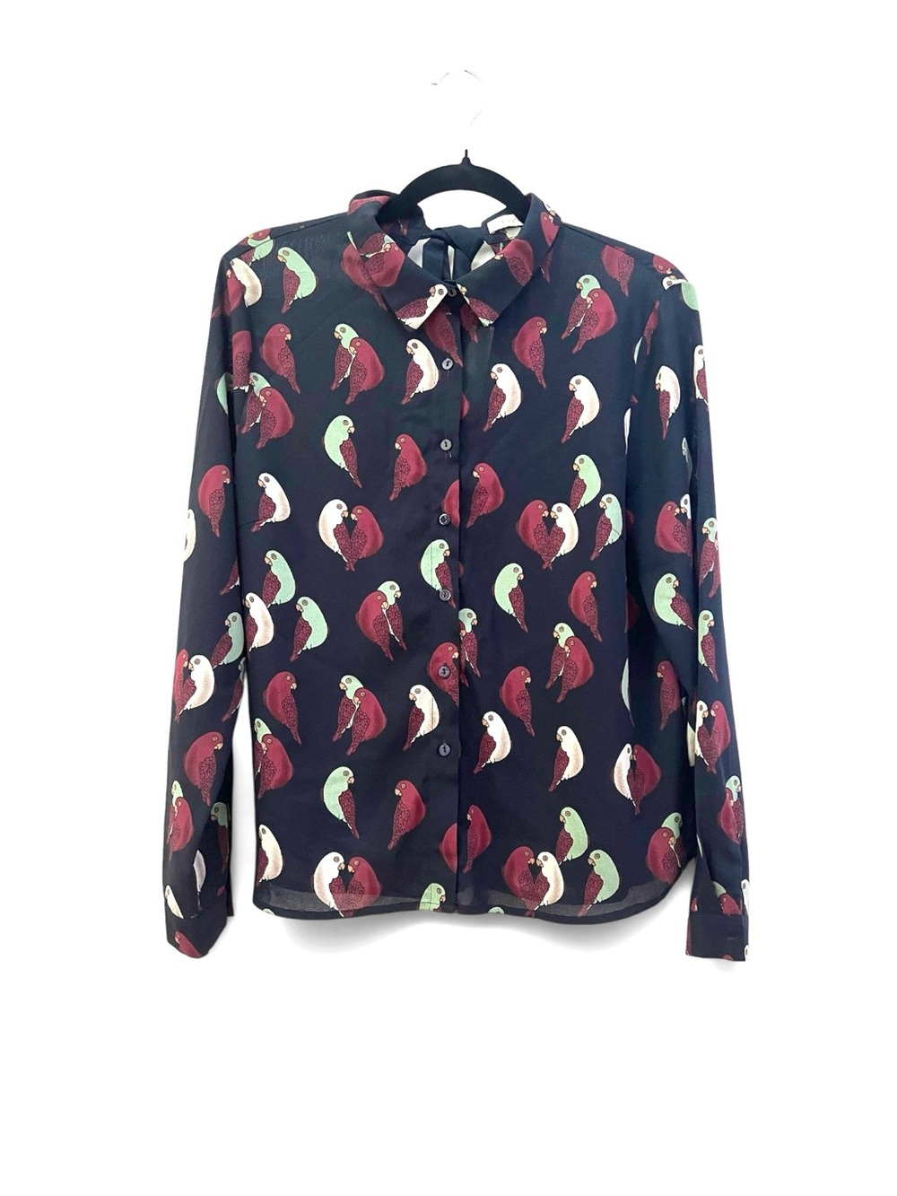 FRNCH Paris Black Parrot Print Tie-Neck Back Blouse Size M